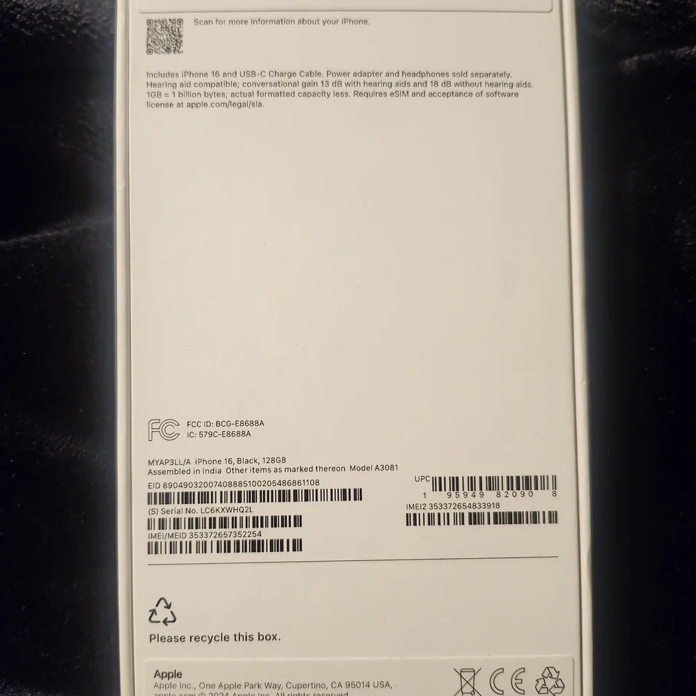 EMPTY Apple iPhone 16 - Black